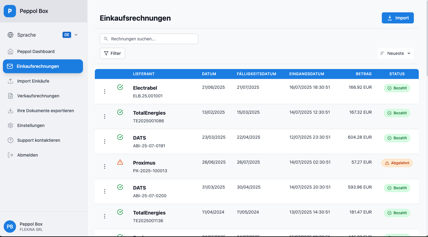 Peppol Box Oberfläche - Elektronische Rechnungsstellung