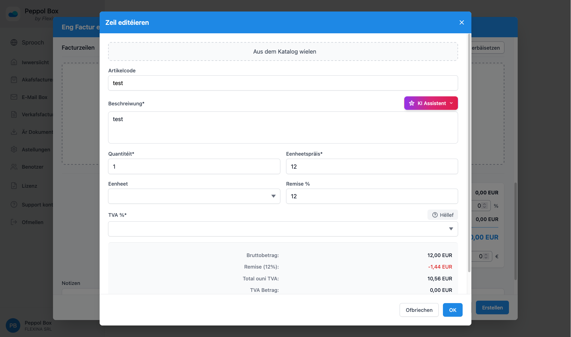 Invoice line creation interface
