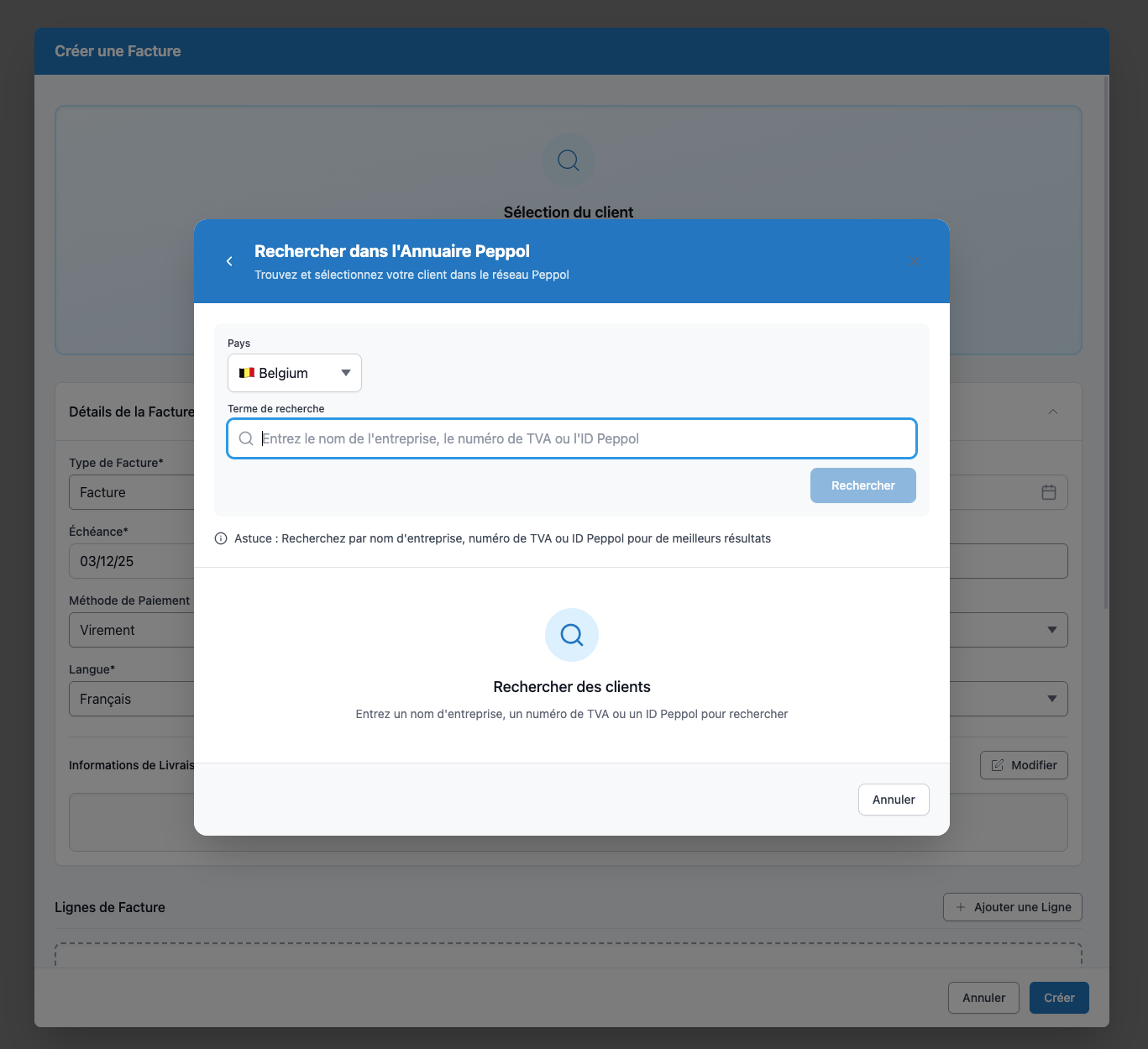 Interface de recherche de clients sur le réseau Peppol avec Peppol Box